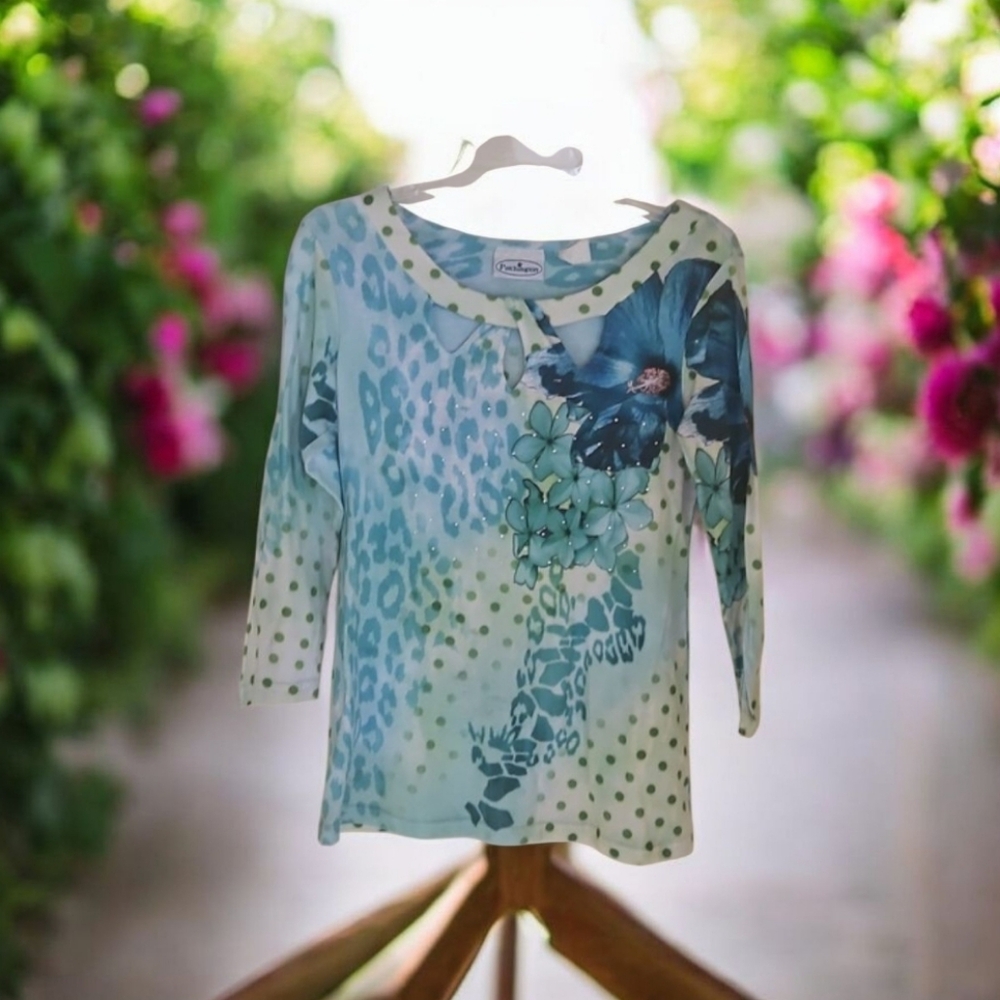 Patchington Teal & Green Floral Top Size MED W beads Pretty Neckline
